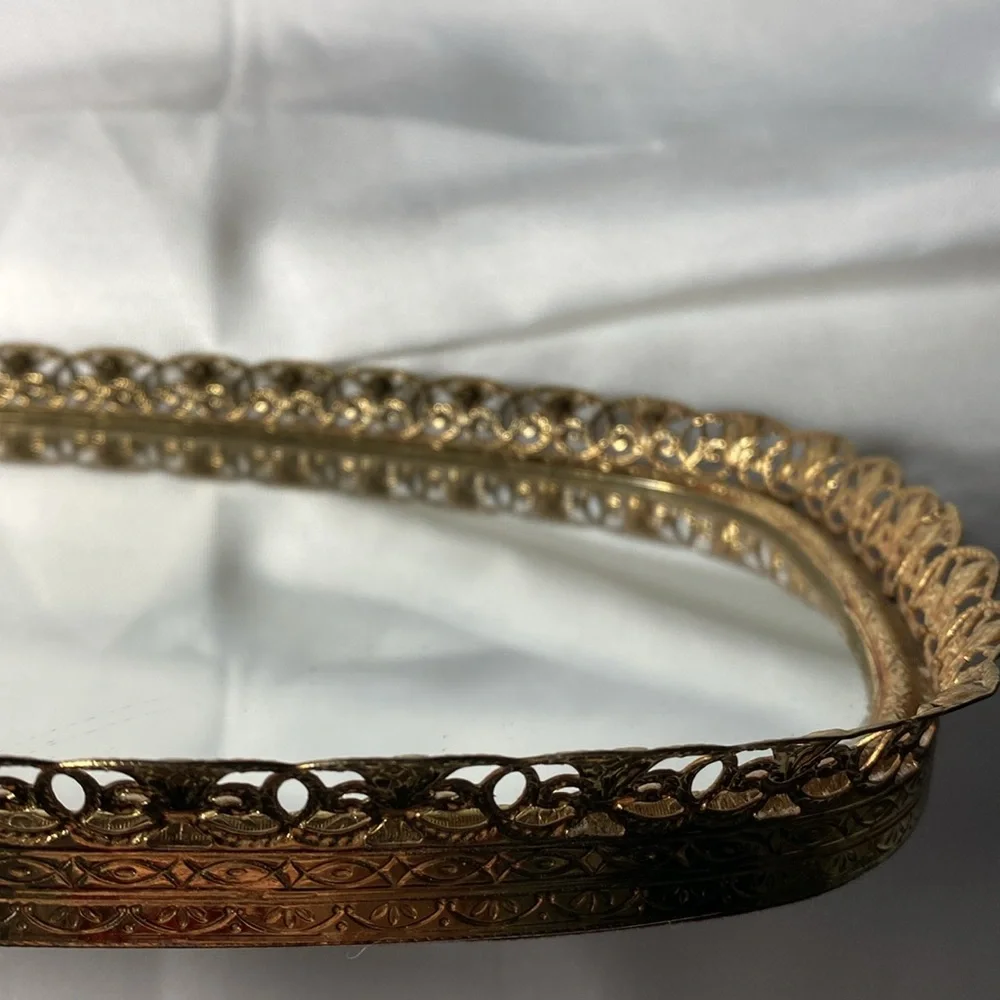 Vintage Antique Gold Filigree Mirrored Vanity Tray